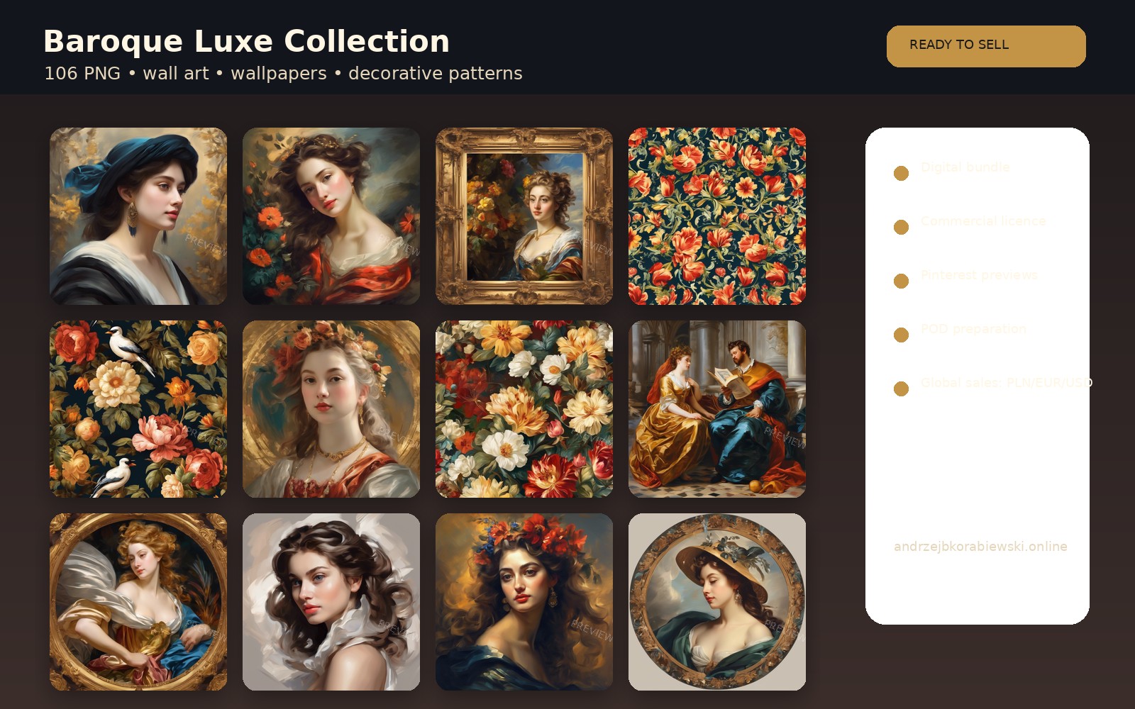 Baroque Luxe dekoracje i wall art Pack